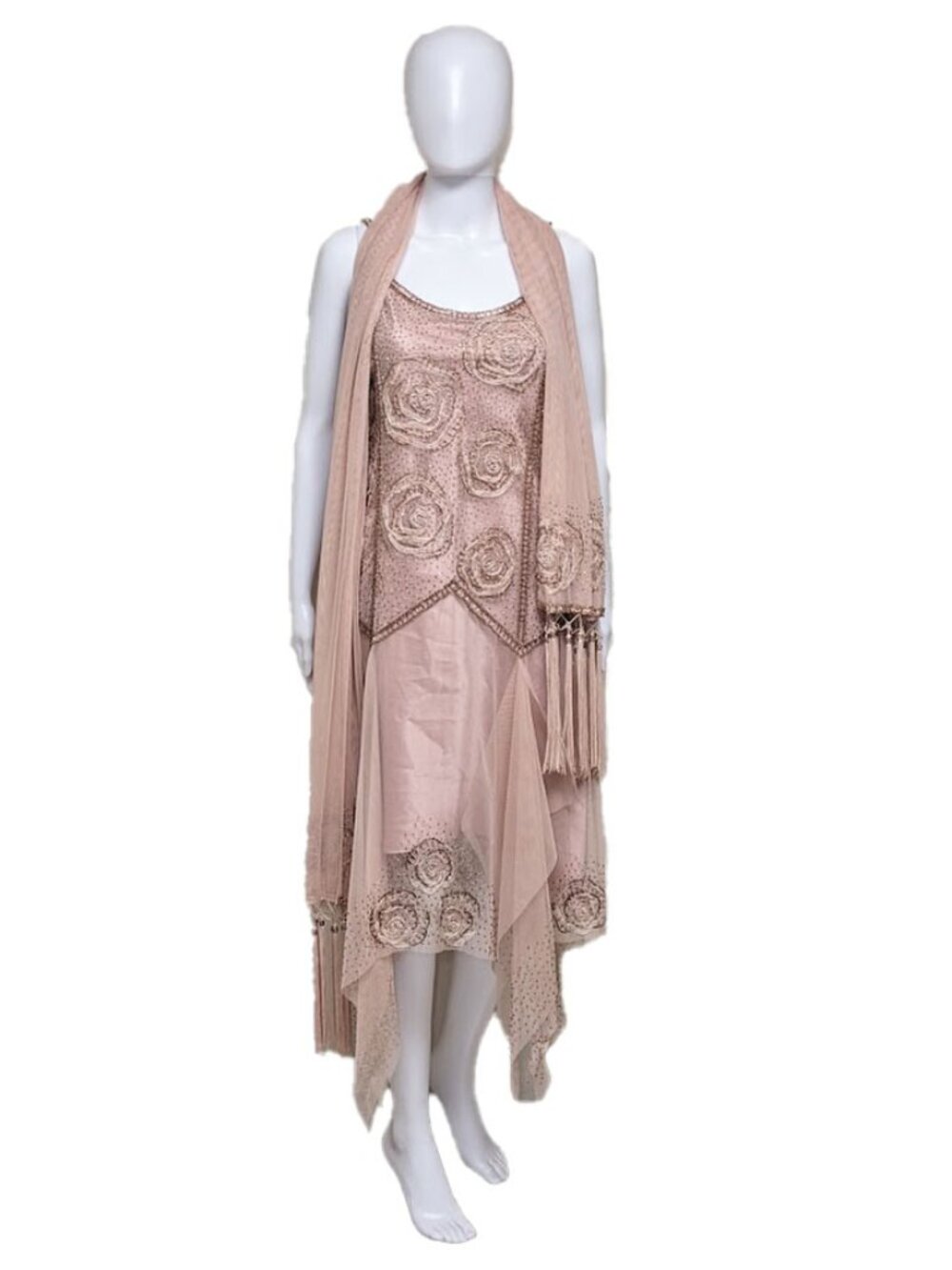 Vint. SUE WONG Nocturne 20s Style Beaded & Embroidered Dress w/ Matching Scarf
